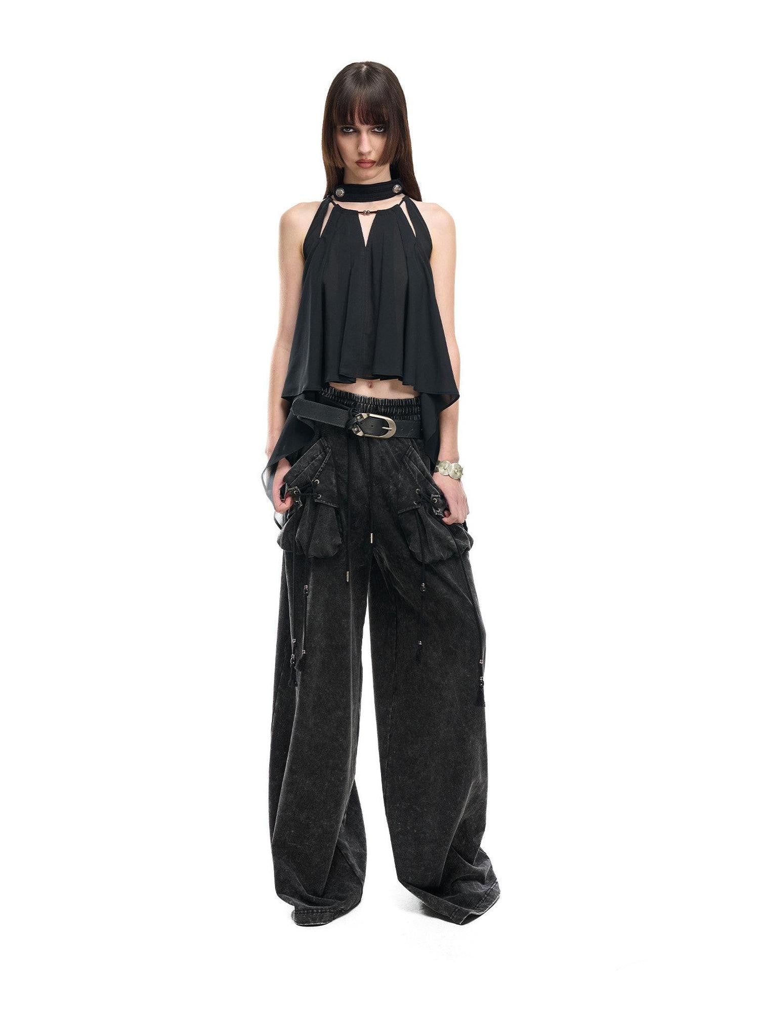 NORTH NODE Black Off Shoulder Halter Asymmetrical Ruffle Women&