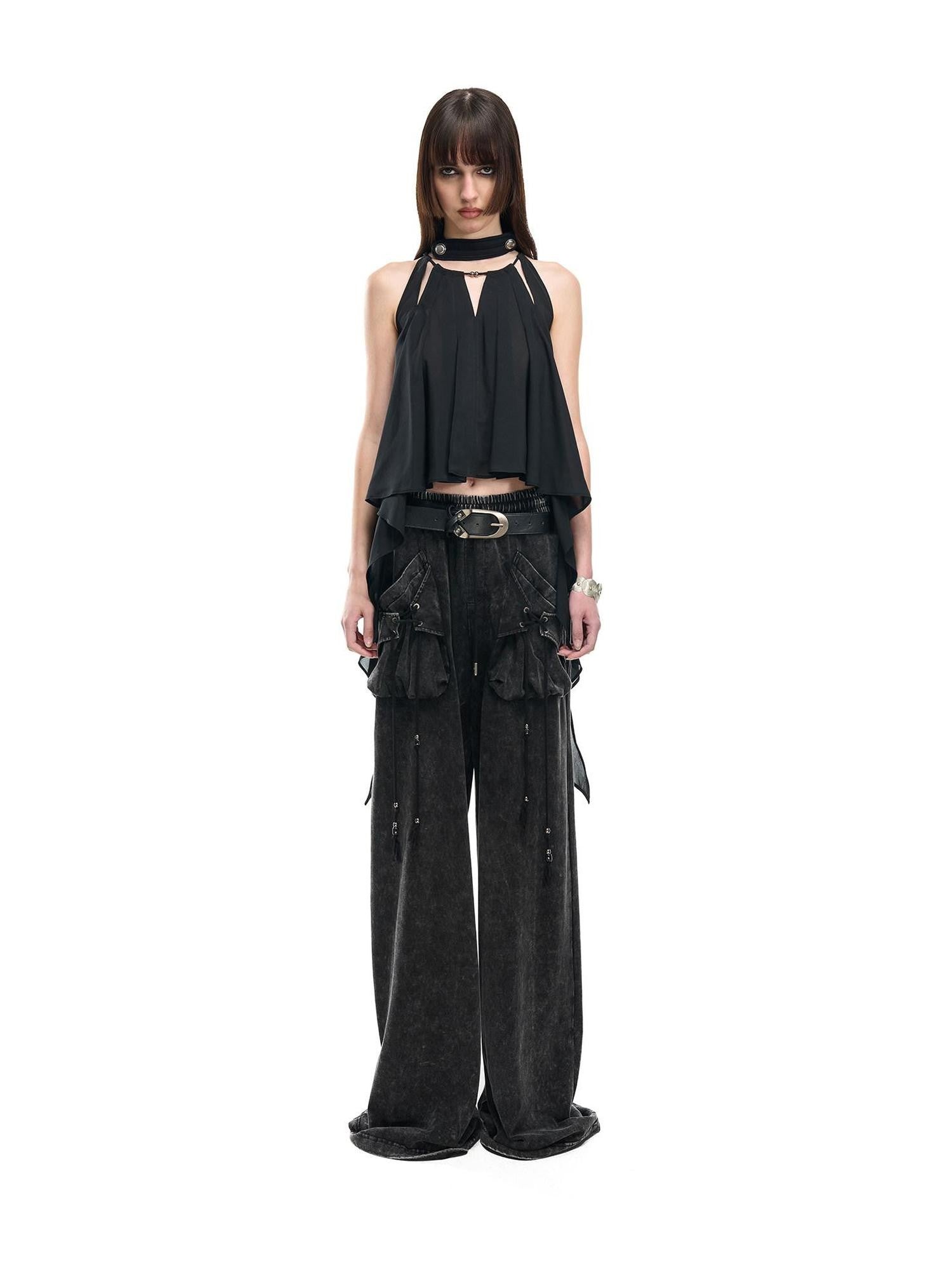 NORTH NODE Black Off Shoulder Halter Asymmetrical Ruffle Women&
