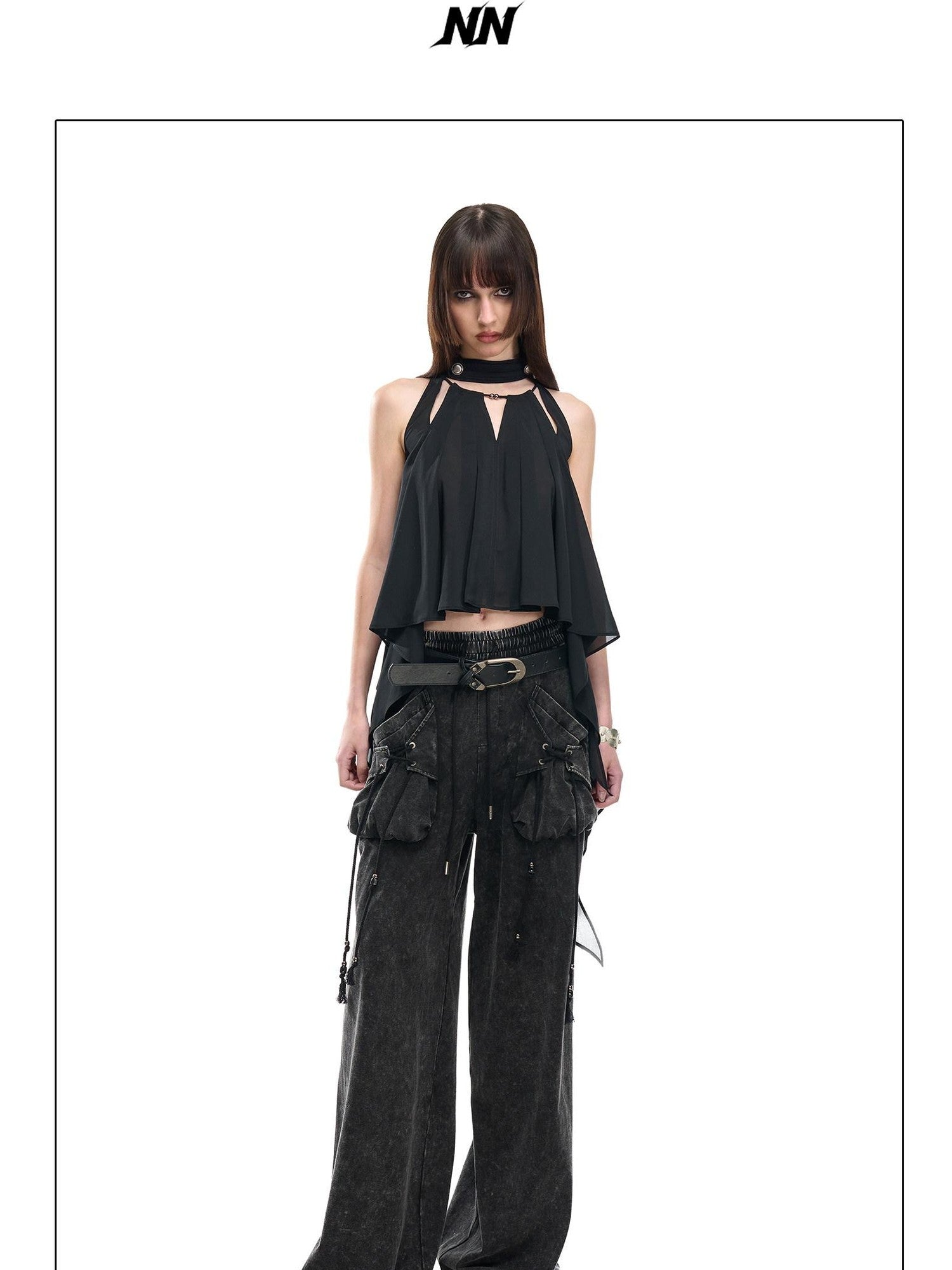 NORTH NODE Black Off Shoulder Halter Asymmetrical Ruffle Women&