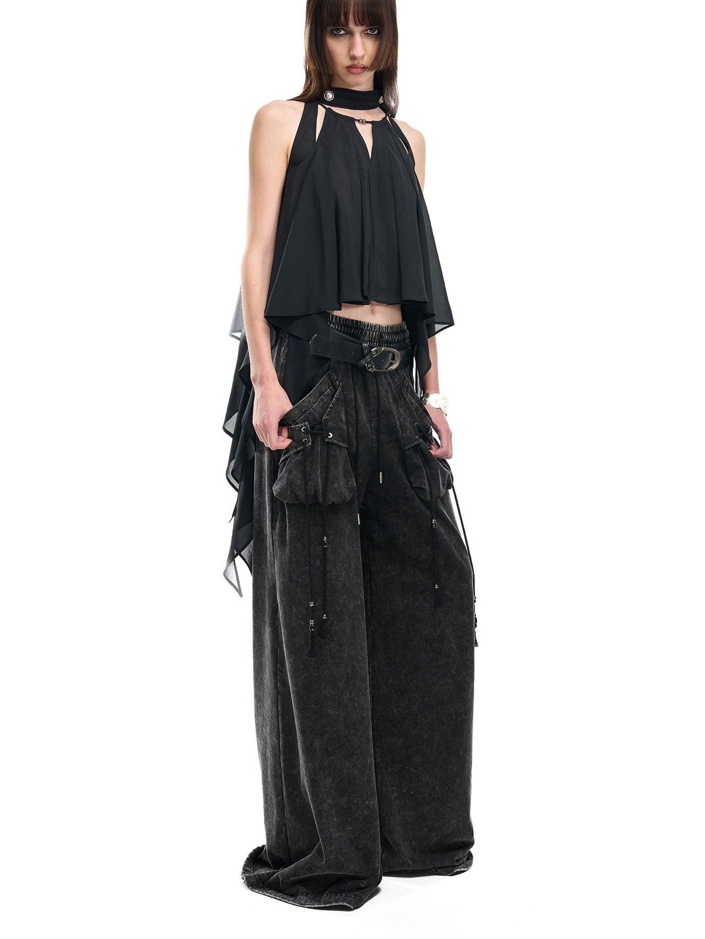 NORTH NODE Black Off Shoulder Halter Asymmetrical Ruffle Women&