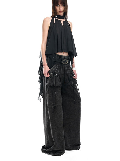 NORTH NODE Black Off Shoulder Halter Asymmetrical Ruffle Women&