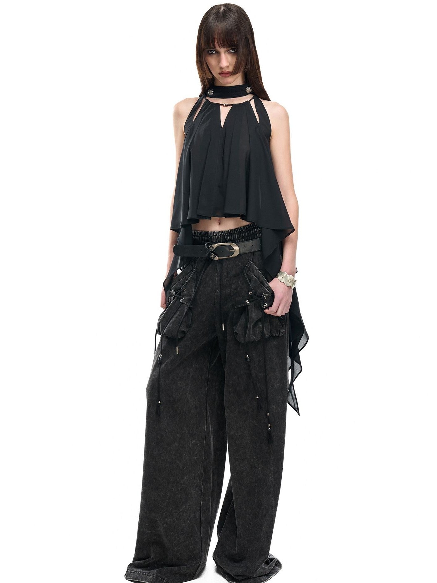 NORTH NODE Black Off Shoulder Halter Asymmetrical Ruffle Women&
