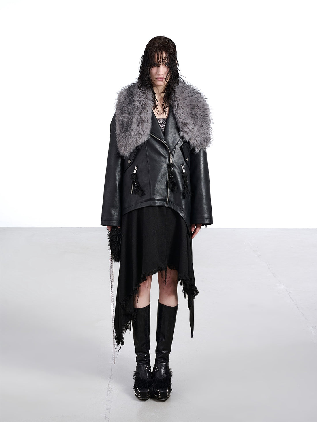 NORTH NODE Black Patchwork Padded Detachable Faux Fur Collar Women&