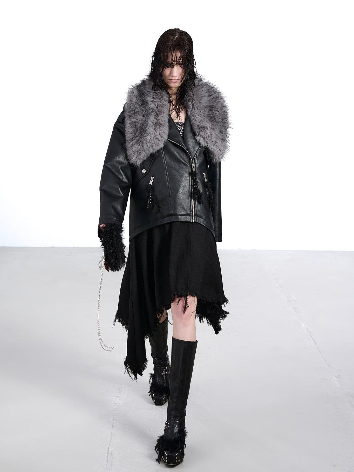 NORTH NODE Black Patchwork Padded Detachable Faux Fur Collar Women&