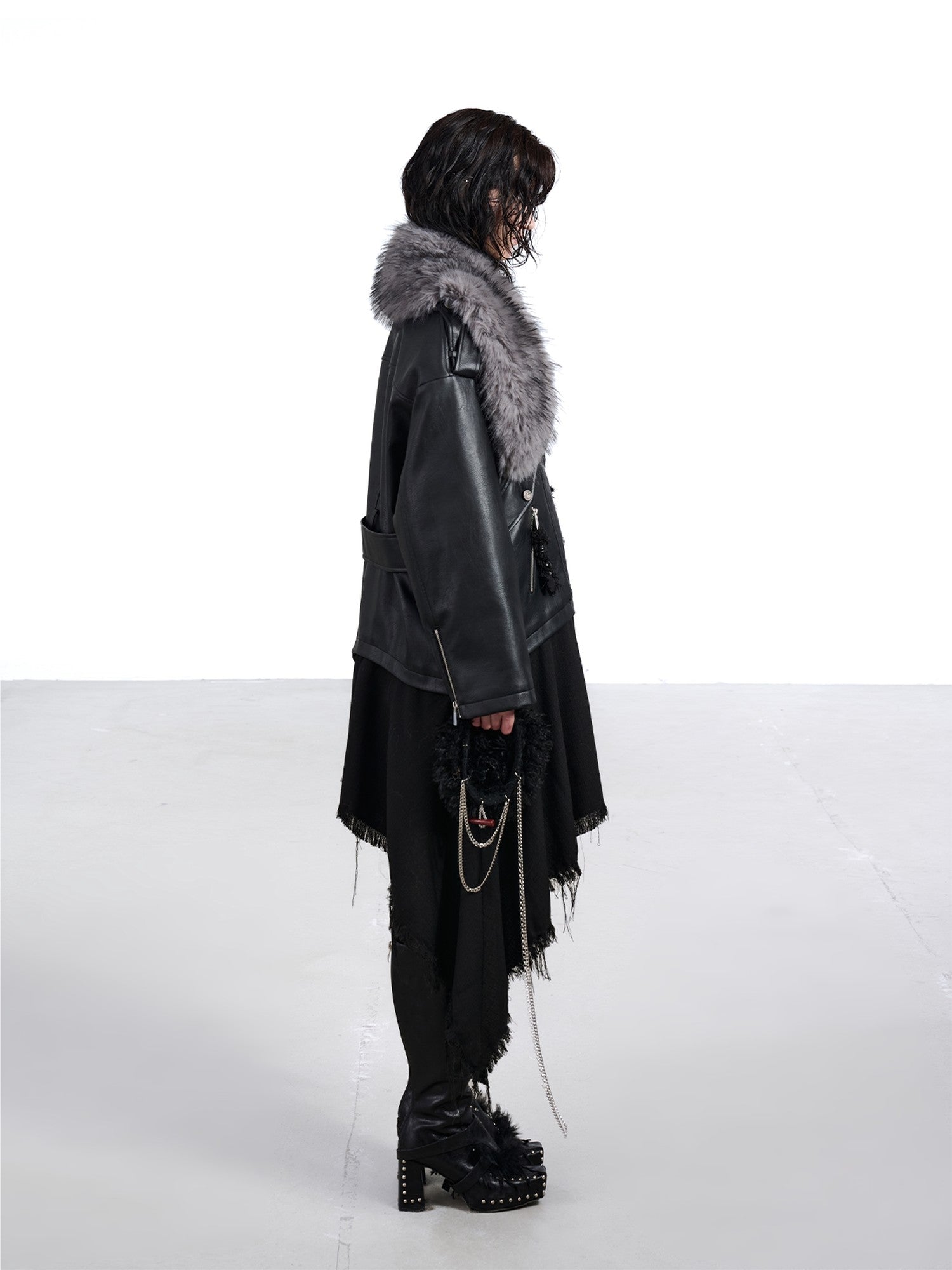 NORTH NODE Black Patchwork Padded Detachable Faux Fur Collar Women&
