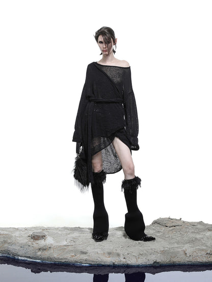 NORTH NODE Black Punk Distressed Irregular Crewneck Women&
