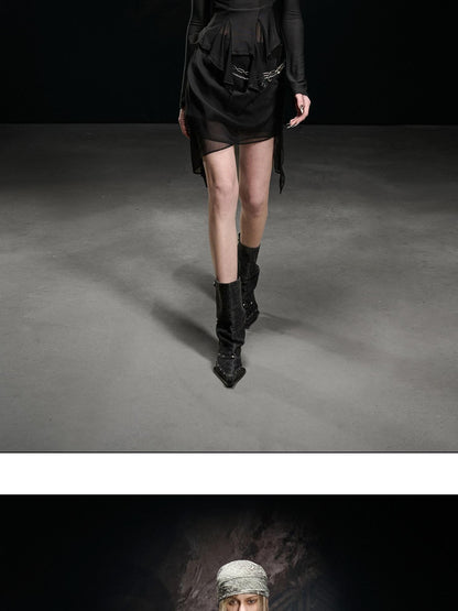 NORTH NODE Black Ruffle Asymmetric Spliced Mid Waist Women&