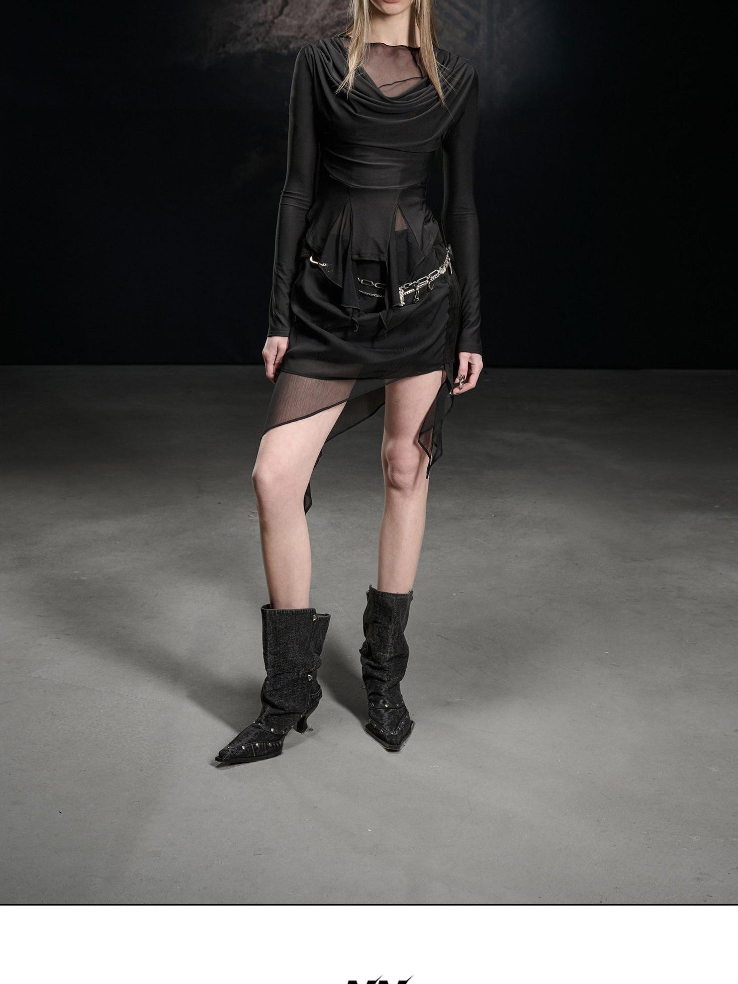 NORTH NODE Black Ruffle Asymmetric Spliced Mid Waist Women&