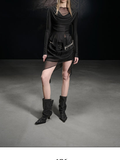 NORTH NODE Black Ruffle Asymmetric Spliced Mid Waist Women&
