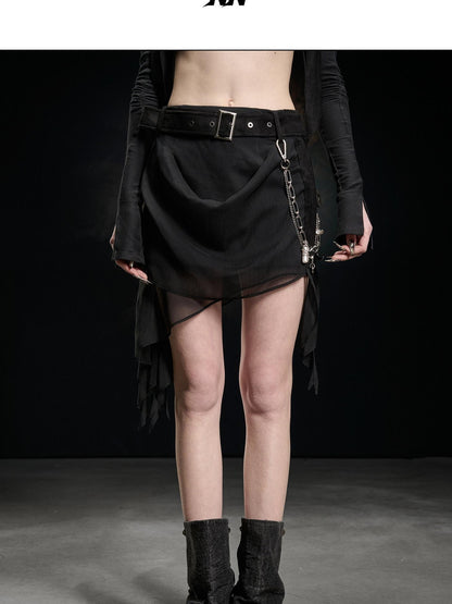 NORTH NODE Black Ruffle Asymmetric Spliced Mid Waist Women&