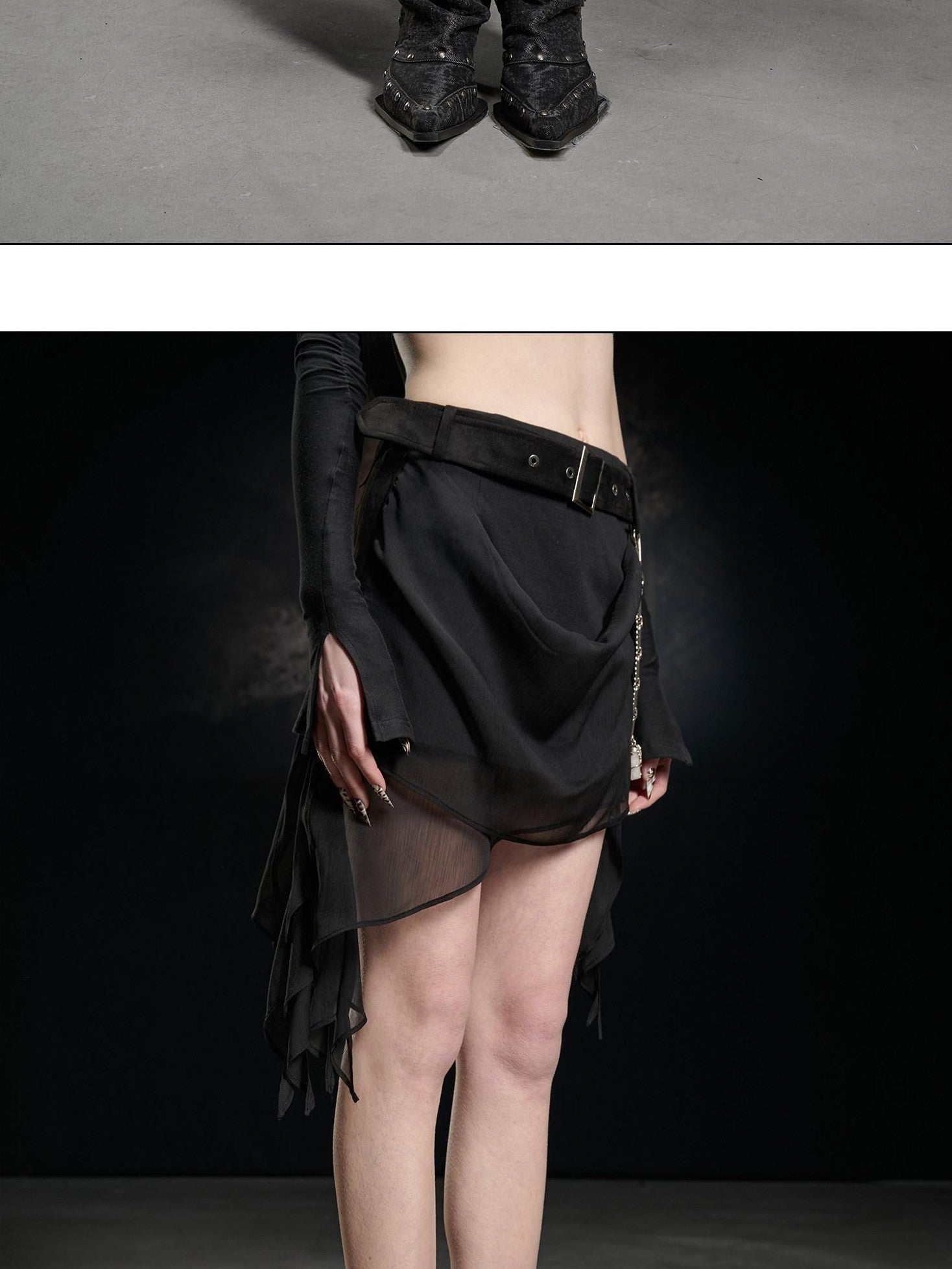 NORTH NODE Black Ruffle Asymmetric Spliced Mid Waist Women&