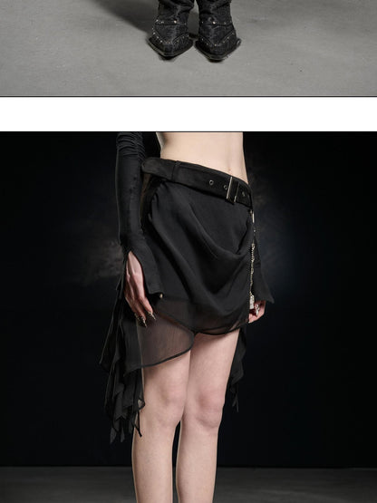 NORTH NODE Black Ruffle Asymmetric Spliced Mid Waist Women&