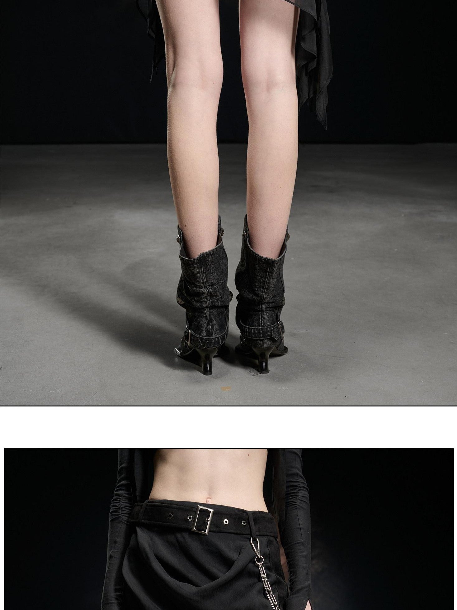 NORTH NODE Black Ruffle Asymmetric Spliced Mid Waist Women&