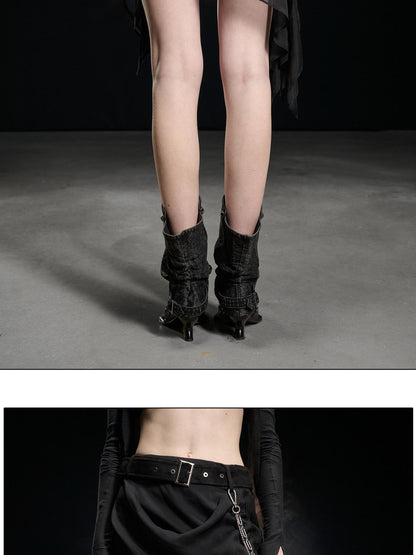 NORTH NODE Black Ruffle Asymmetric Spliced Mid Waist Women&