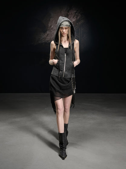 NORTH NODE Black Ruffle Asymmetric Spliced Mid Waist Women&