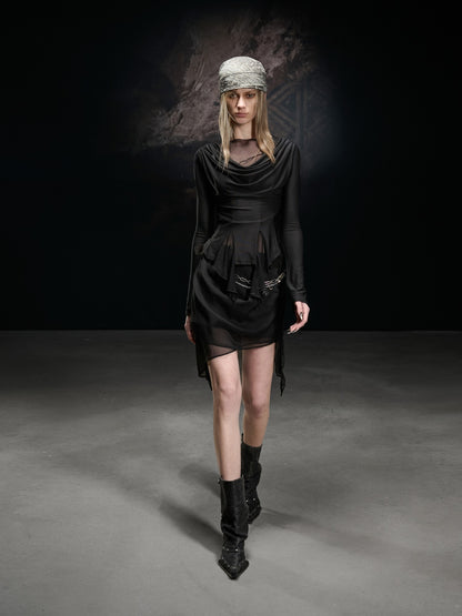 NORTH NODE Black Ruffle Asymmetric Spliced Mid Waist Women&