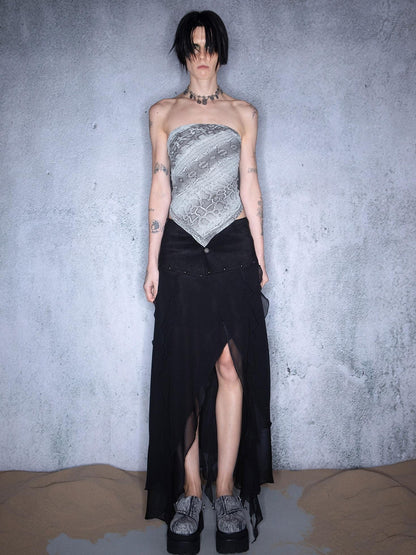 NORTH NODE Black Ruffle Patchwork Asymmetric Irregular A Line Women&