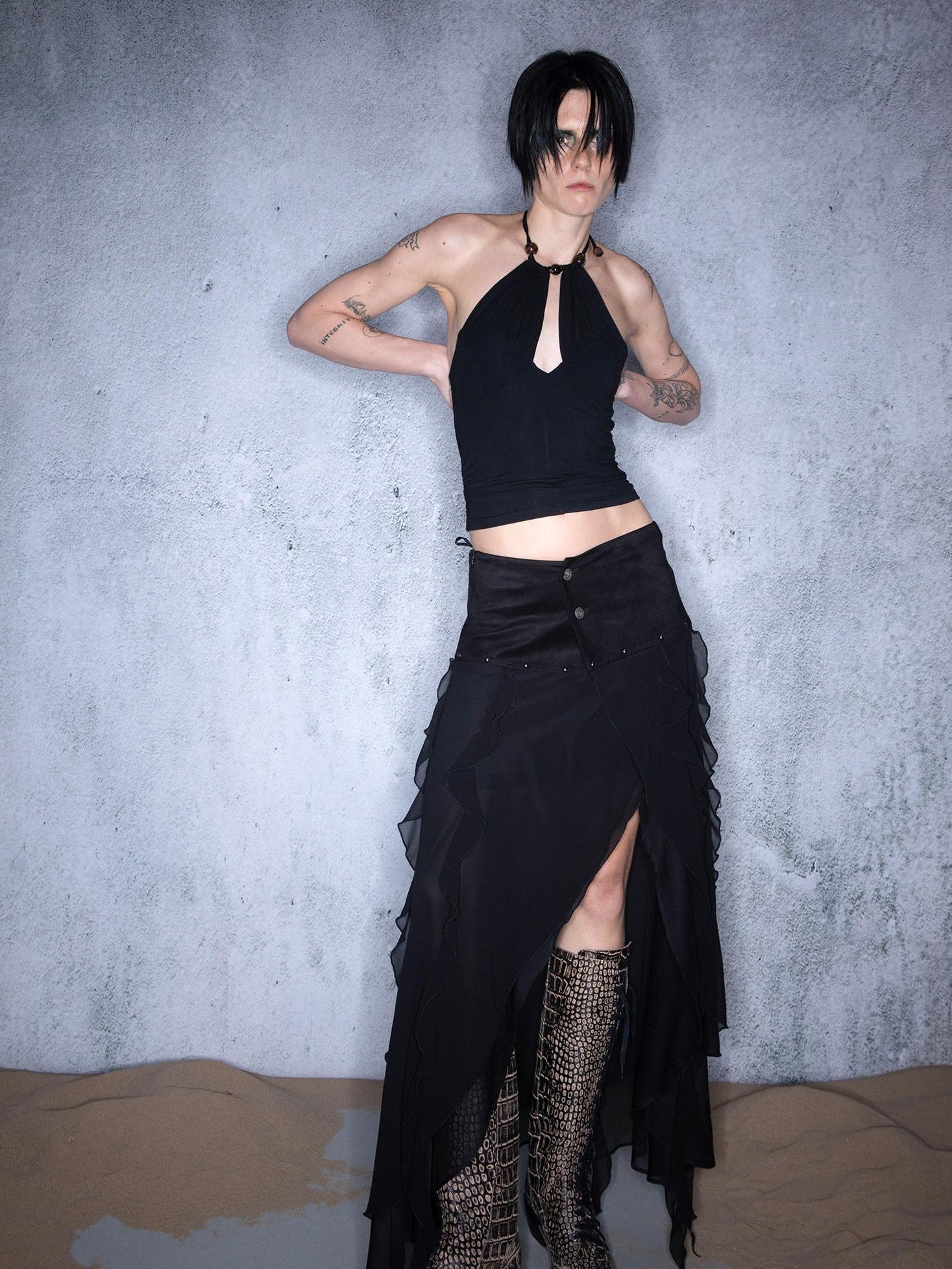 NORTH NODE Black Ruffle Patchwork Asymmetric Irregular A Line Women&