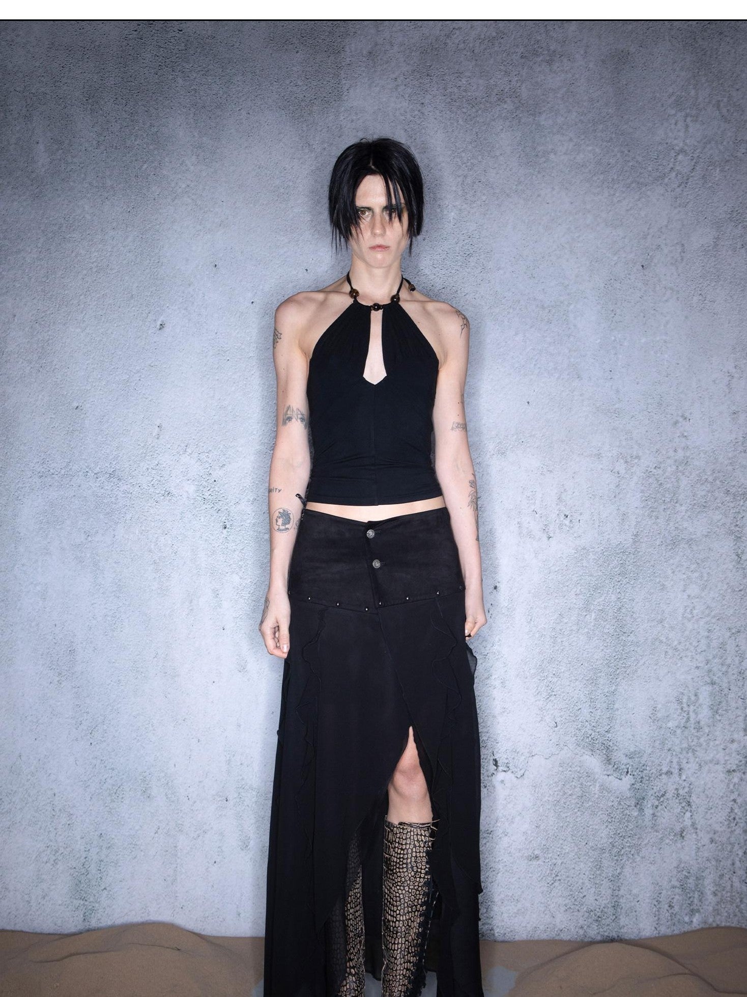 NORTH NODE Black Ruffle Patchwork Asymmetric Irregular A Line Women&