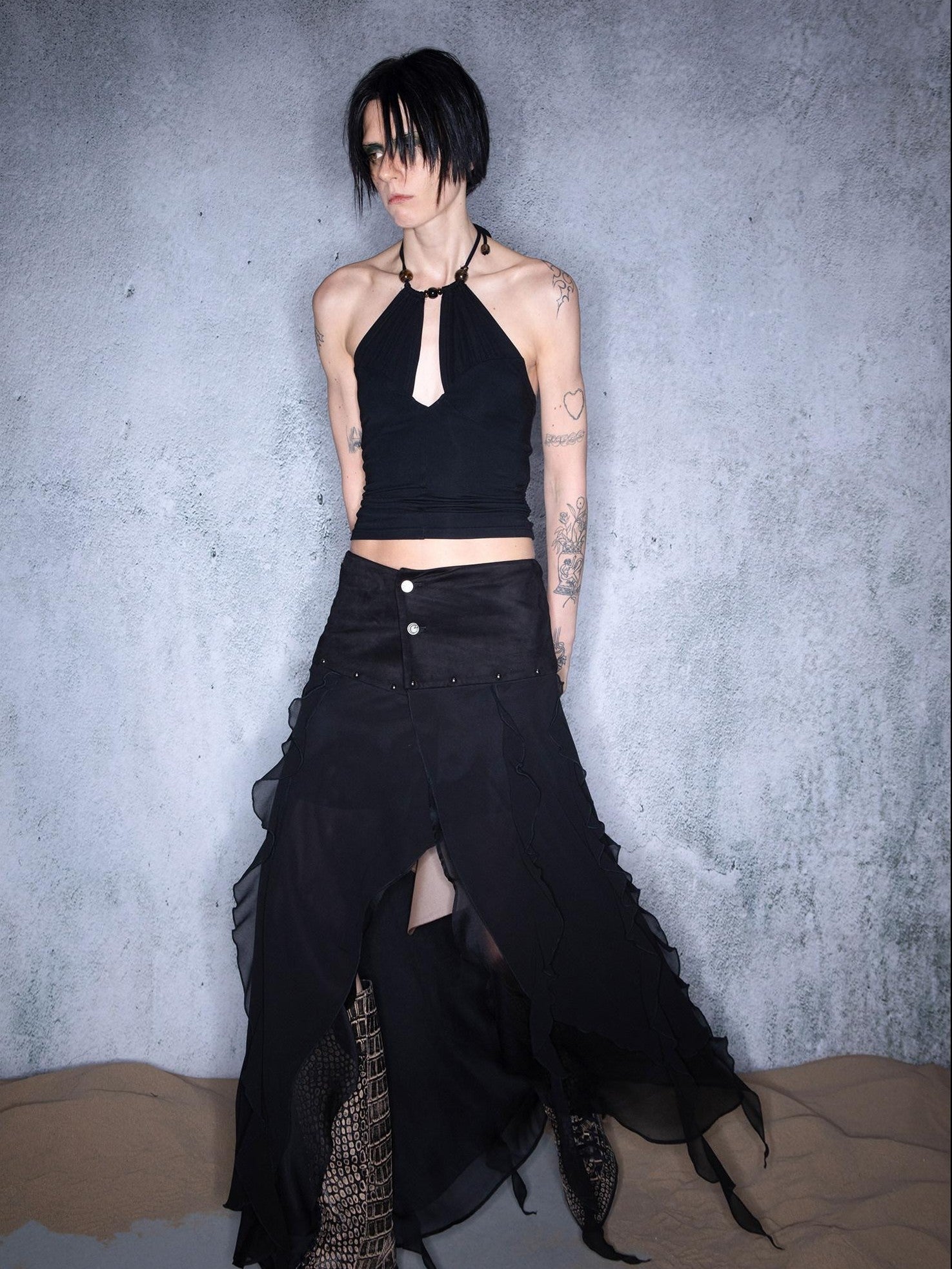 NORTH NODE Black Ruffle Patchwork Asymmetric Irregular A Line Women&