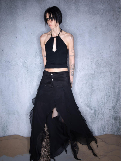 NORTH NODE Black Ruffle Patchwork Asymmetric Irregular A Line Women&