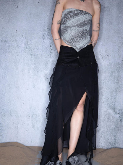 NORTH NODE Black Ruffle Patchwork Asymmetric Irregular A Line Women&
