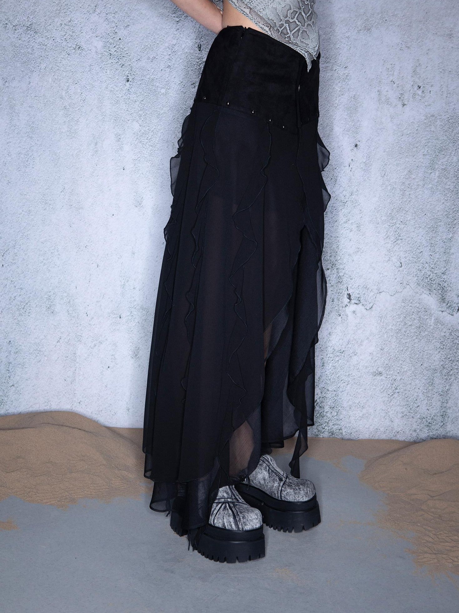 NORTH NODE Black Ruffle Patchwork Asymmetric Irregular A Line Women&