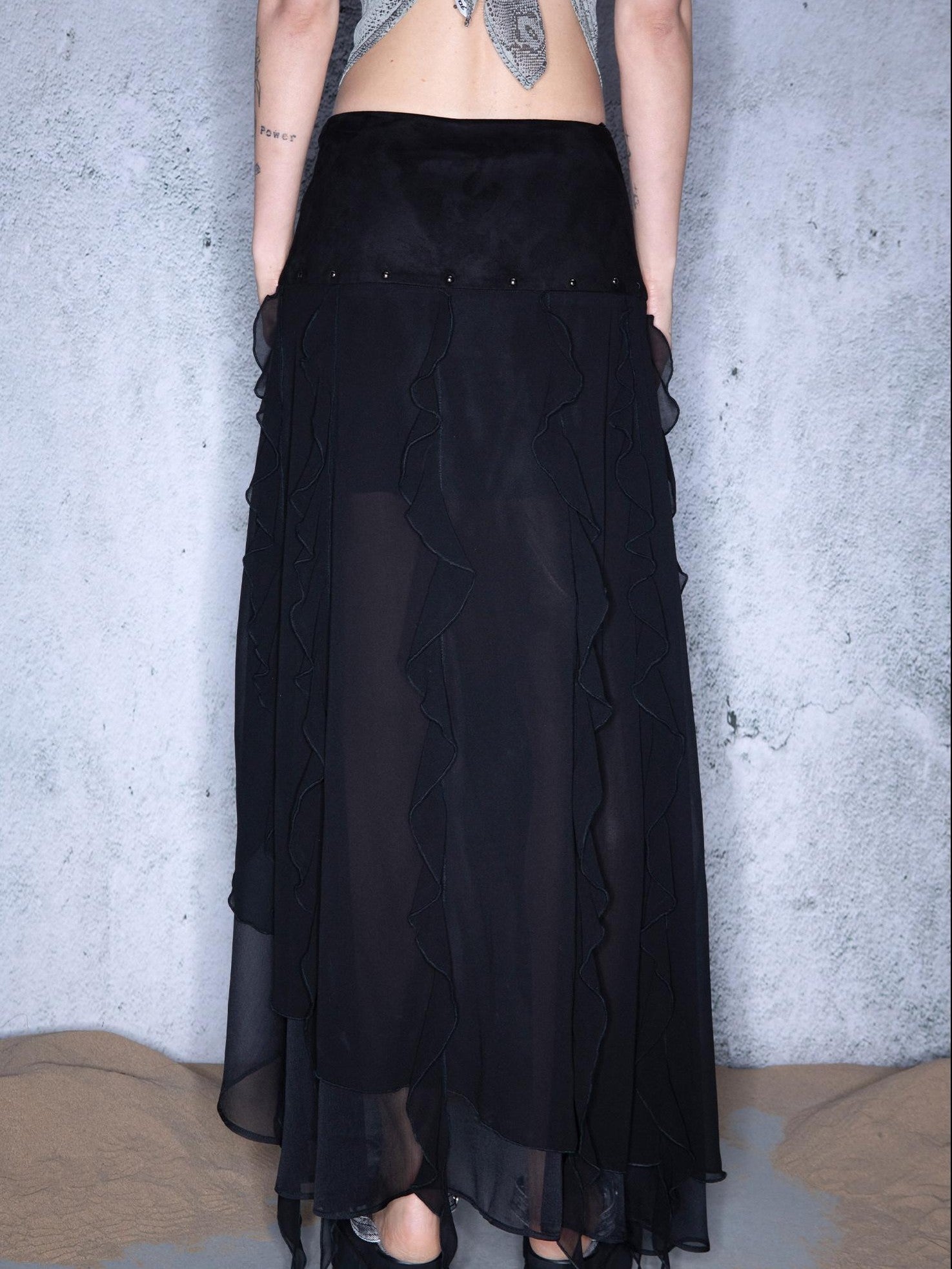 NORTH NODE Black Ruffle Patchwork Asymmetric Irregular A Line Women&