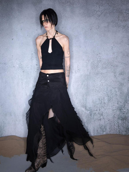 NORTH NODE Black Ruffle Patchwork Asymmetric Irregular A Line Women&