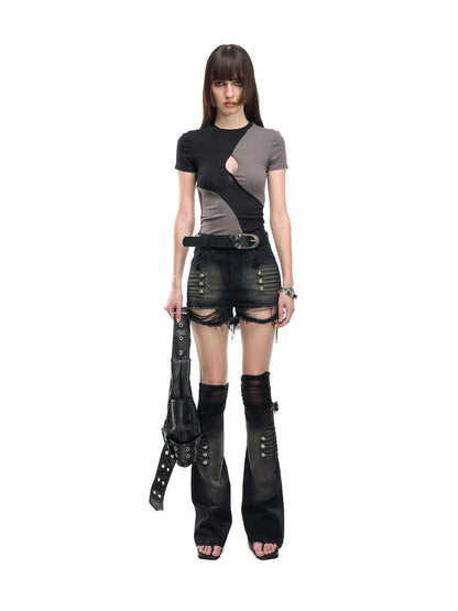 NORTH NODE Black Washed Ripped Natural Waist Straight Women&