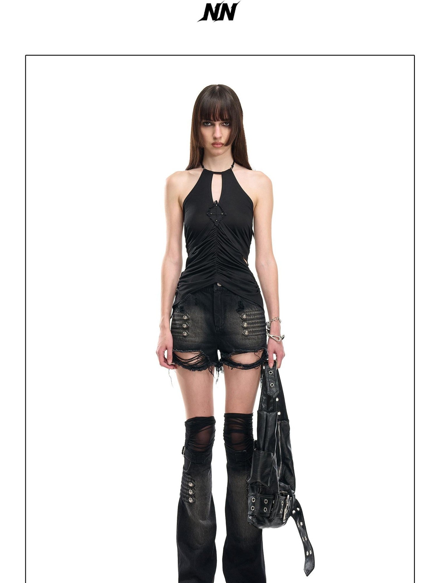NORTH NODE Black Washed Ripped Natural Waist Straight Women&