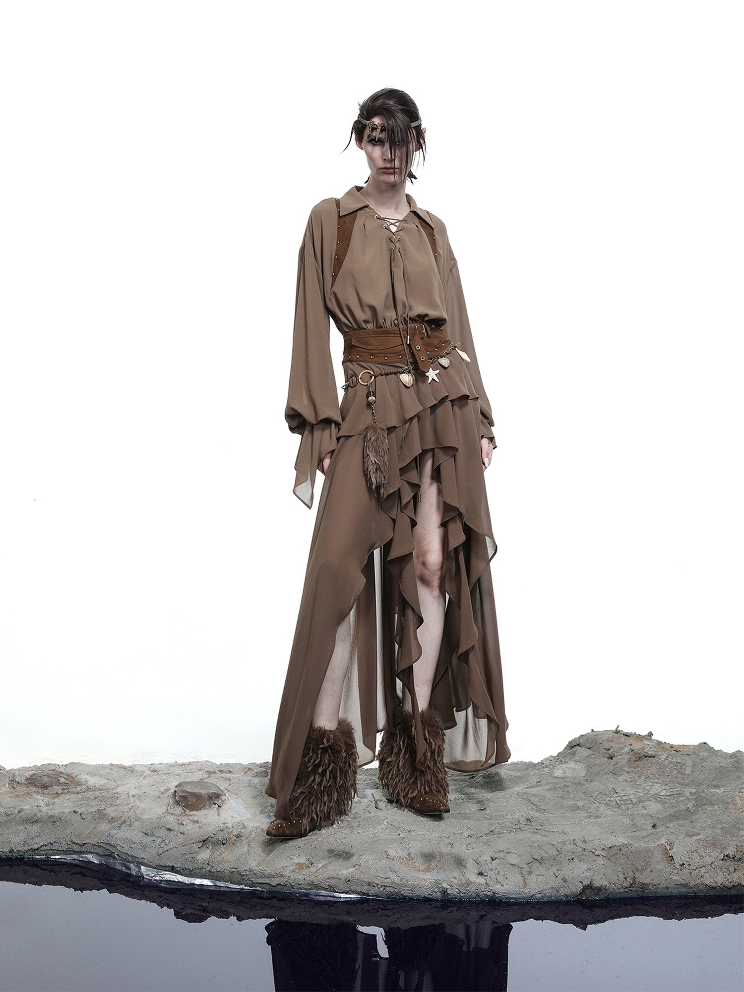 NORTH NODE Bloom Pleats Irregular Ruffle Shirt Collar Women&