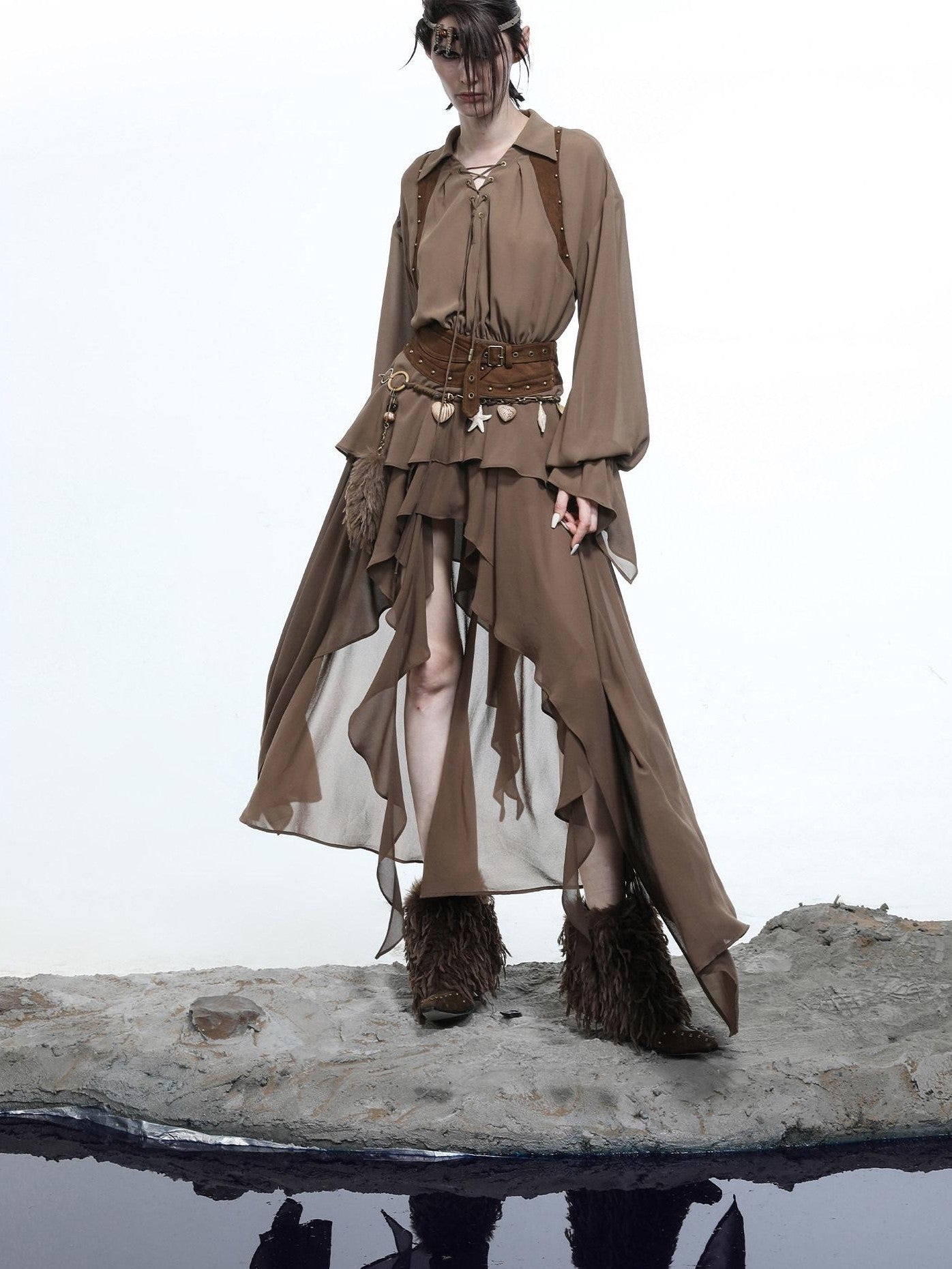 NORTH NODE Bloom Pleats Irregular Ruffle Shirt Collar Women&