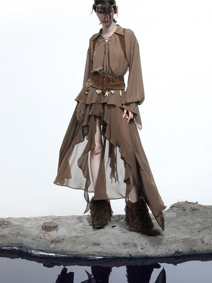 NORTH NODE Bloom Pleats Irregular Ruffle Shirt Collar Women&
