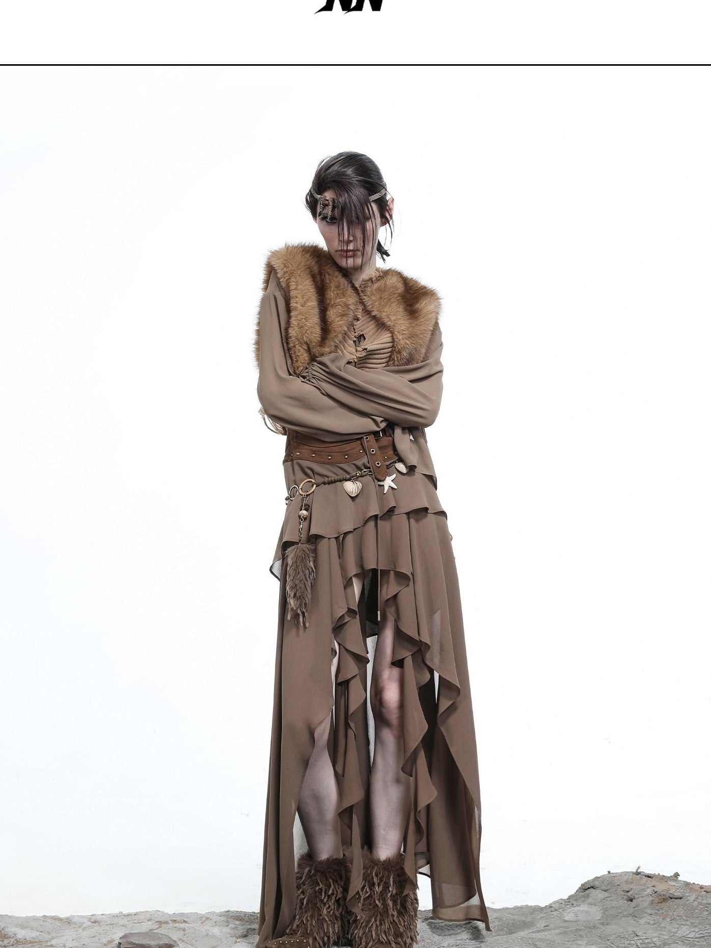 NORTH NODE Bloom Pleats Irregular Ruffle Shirt Collar Women&
