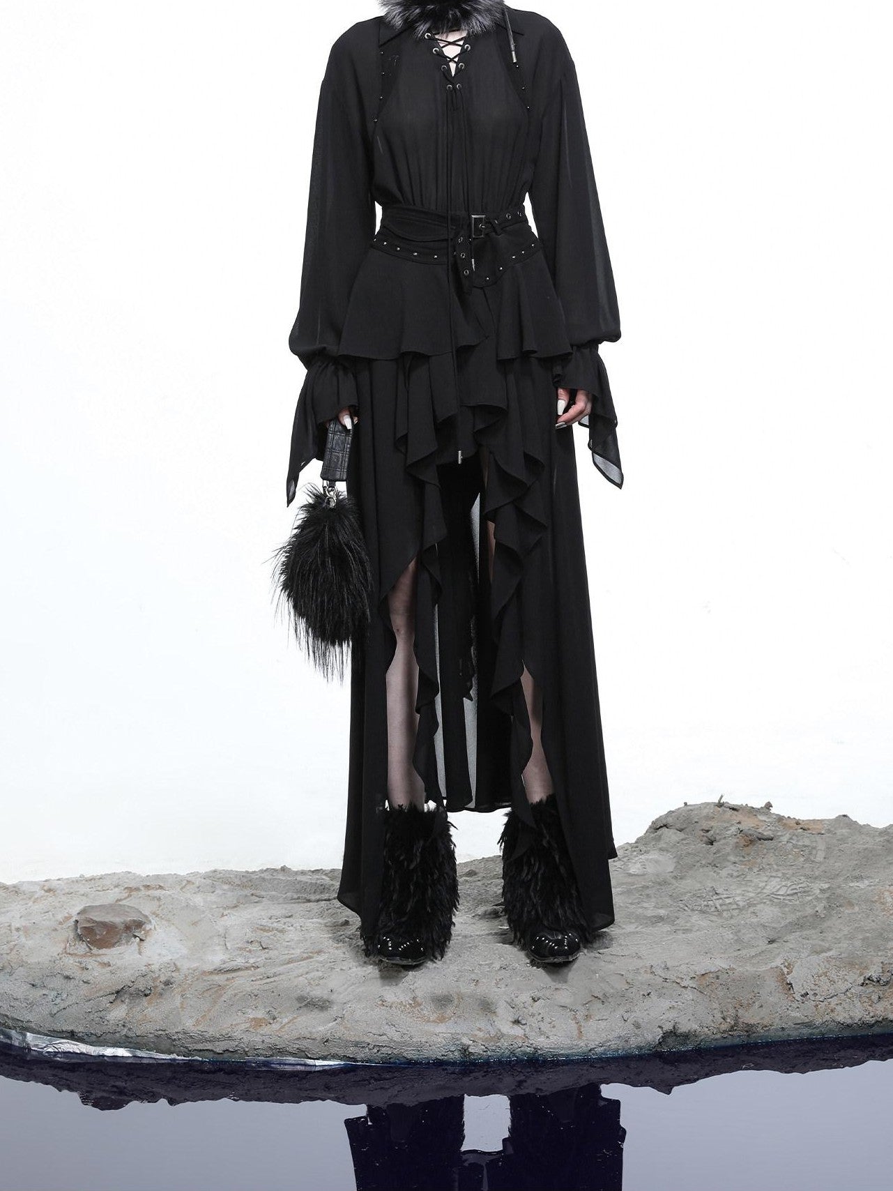 NORTH NODE Bloom Pleats Irregular Ruffle Shirt Collar Women&