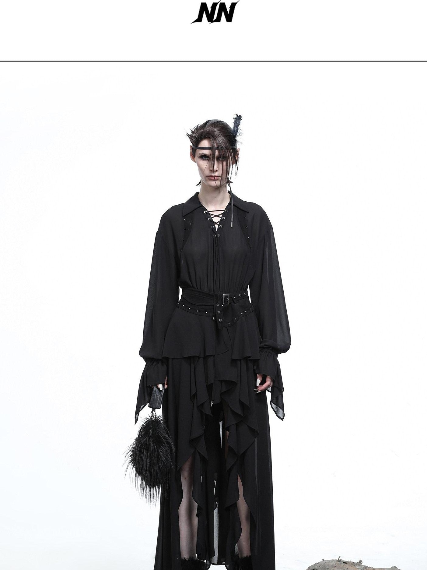 NORTH NODE Bloom Pleats Irregular Ruffle Shirt Collar Women&