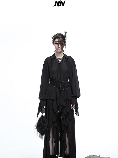 NORTH NODE Bloom Pleats Irregular Ruffle Shirt Collar Women&