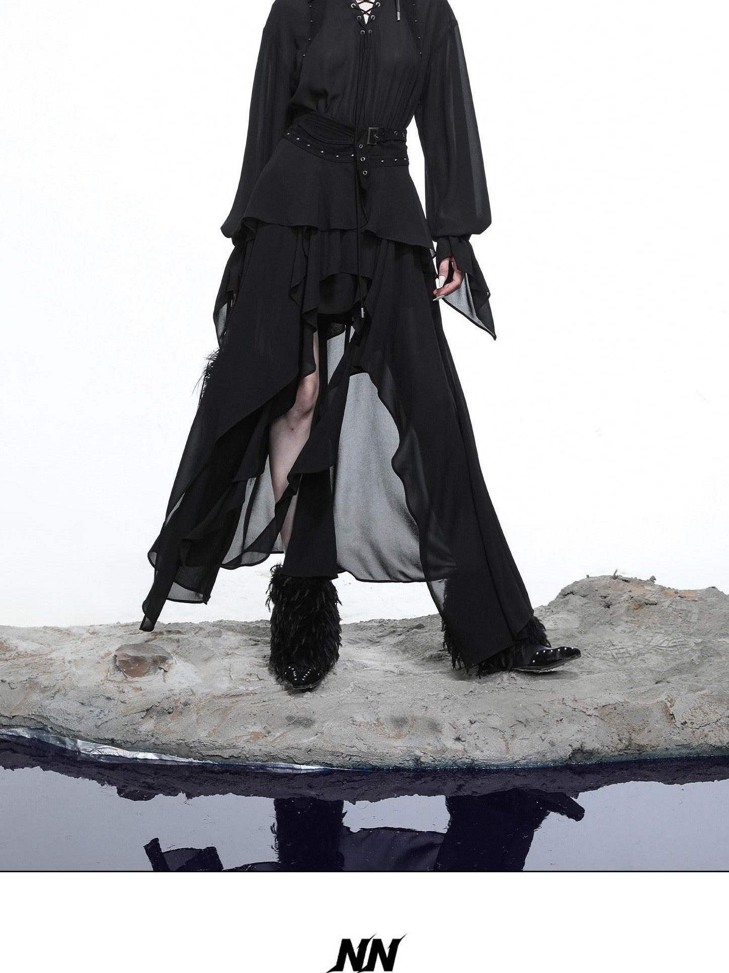 NORTH NODE Bloom Pleats Irregular Ruffle Shirt Collar Women&