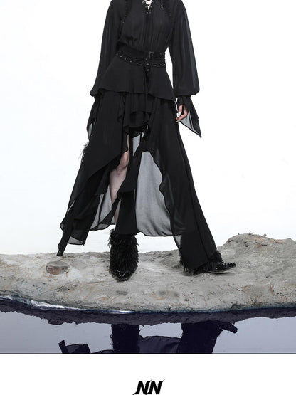 NORTH NODE Bloom Pleats Irregular Ruffle Shirt Collar Women&