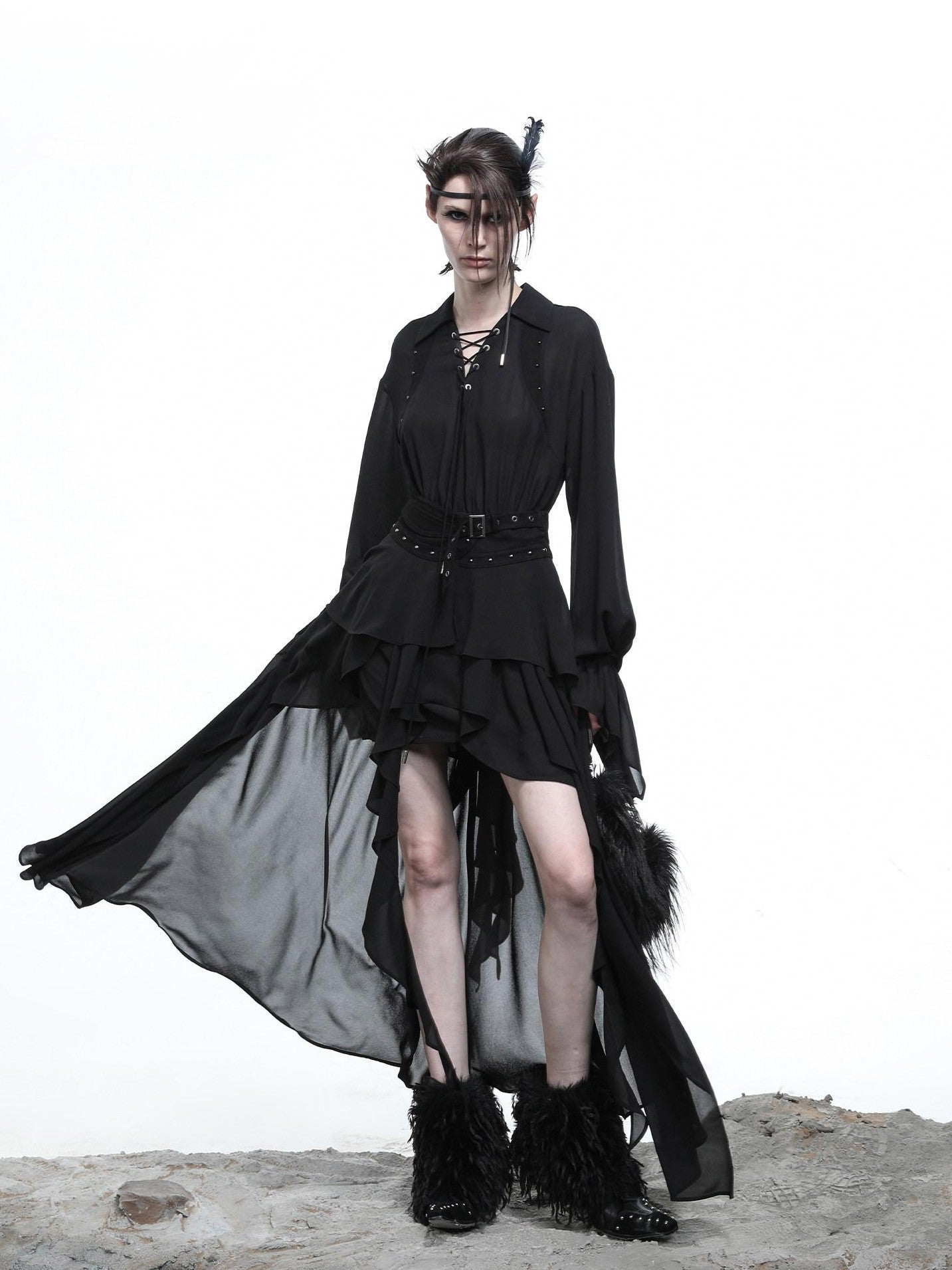 NORTH NODE Bloom Pleats Irregular Ruffle Shirt Collar Women&