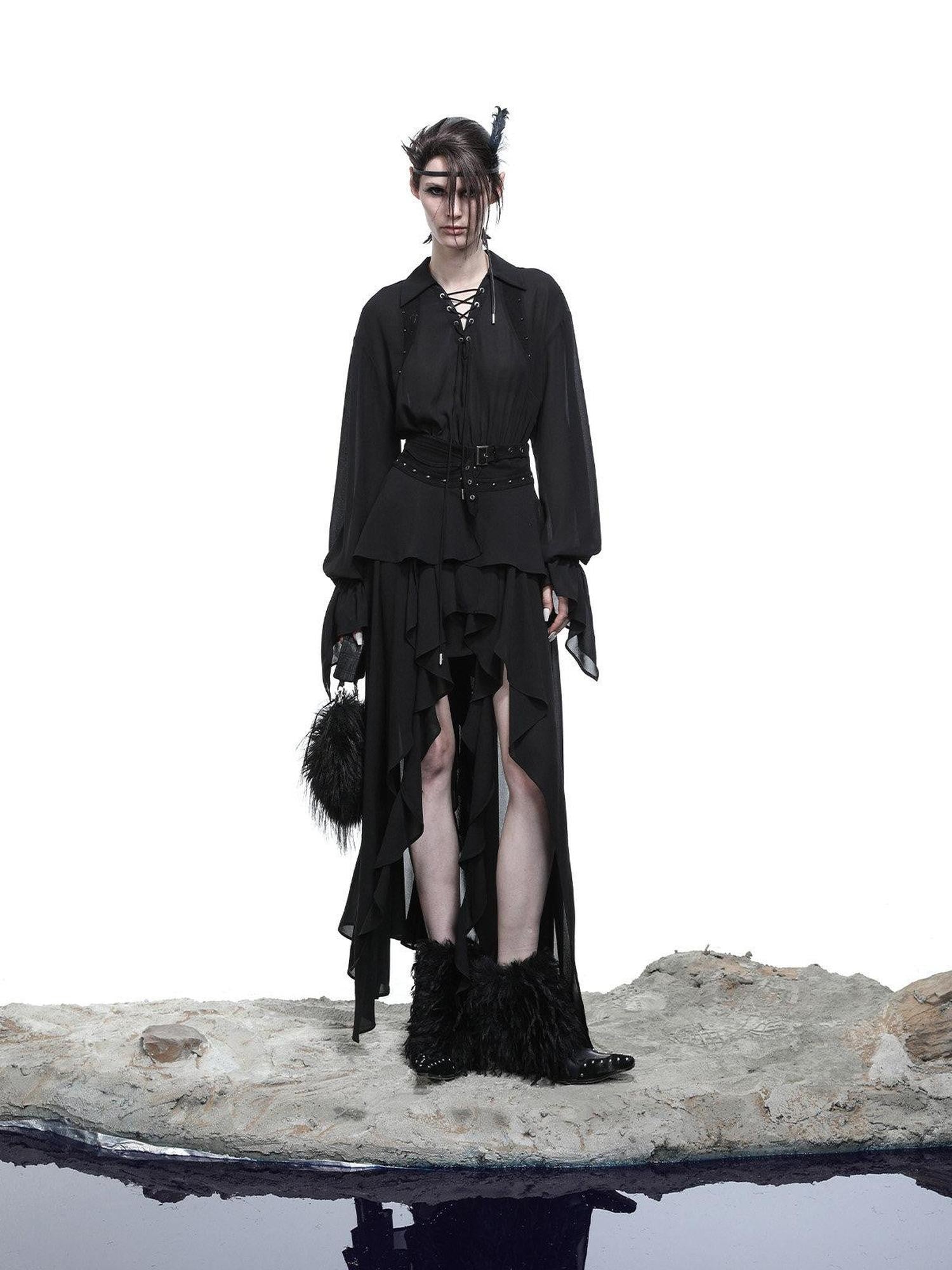 NORTH NODE Bloom Pleats Irregular Ruffle Shirt Collar Women&