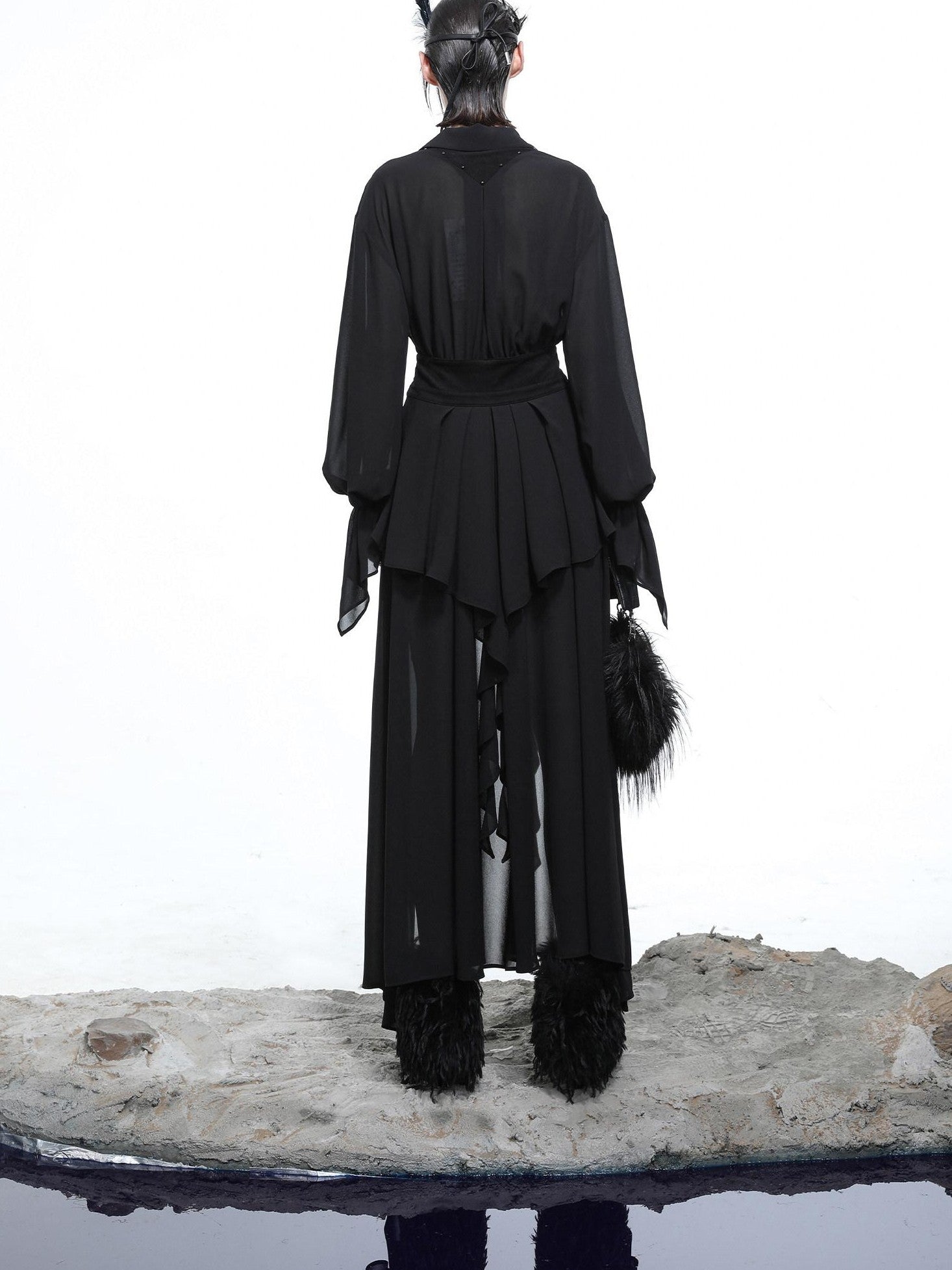 NORTH NODE Bloom Pleats Irregular Ruffle Shirt Collar Women&