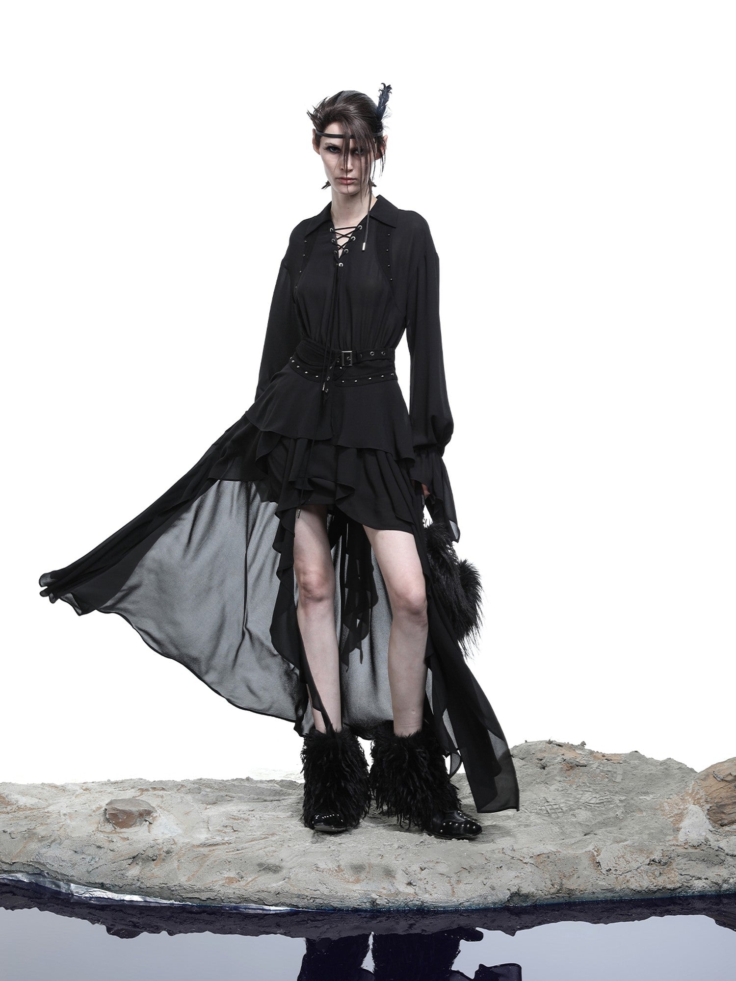 NORTH NODE Bloom Pleats Irregular Ruffle Shirt Collar Women&