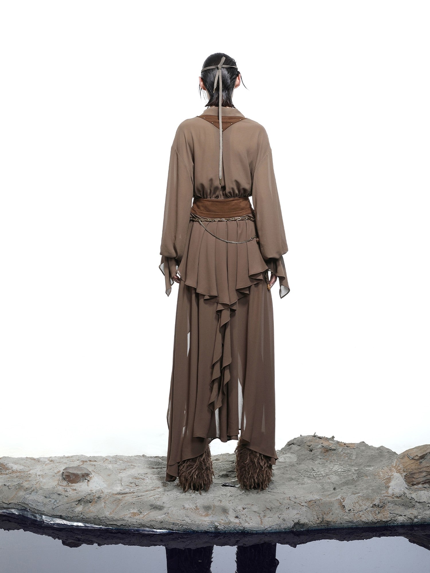 NORTH NODE Bloom Pleats Irregular Ruffle Shirt Collar Women&