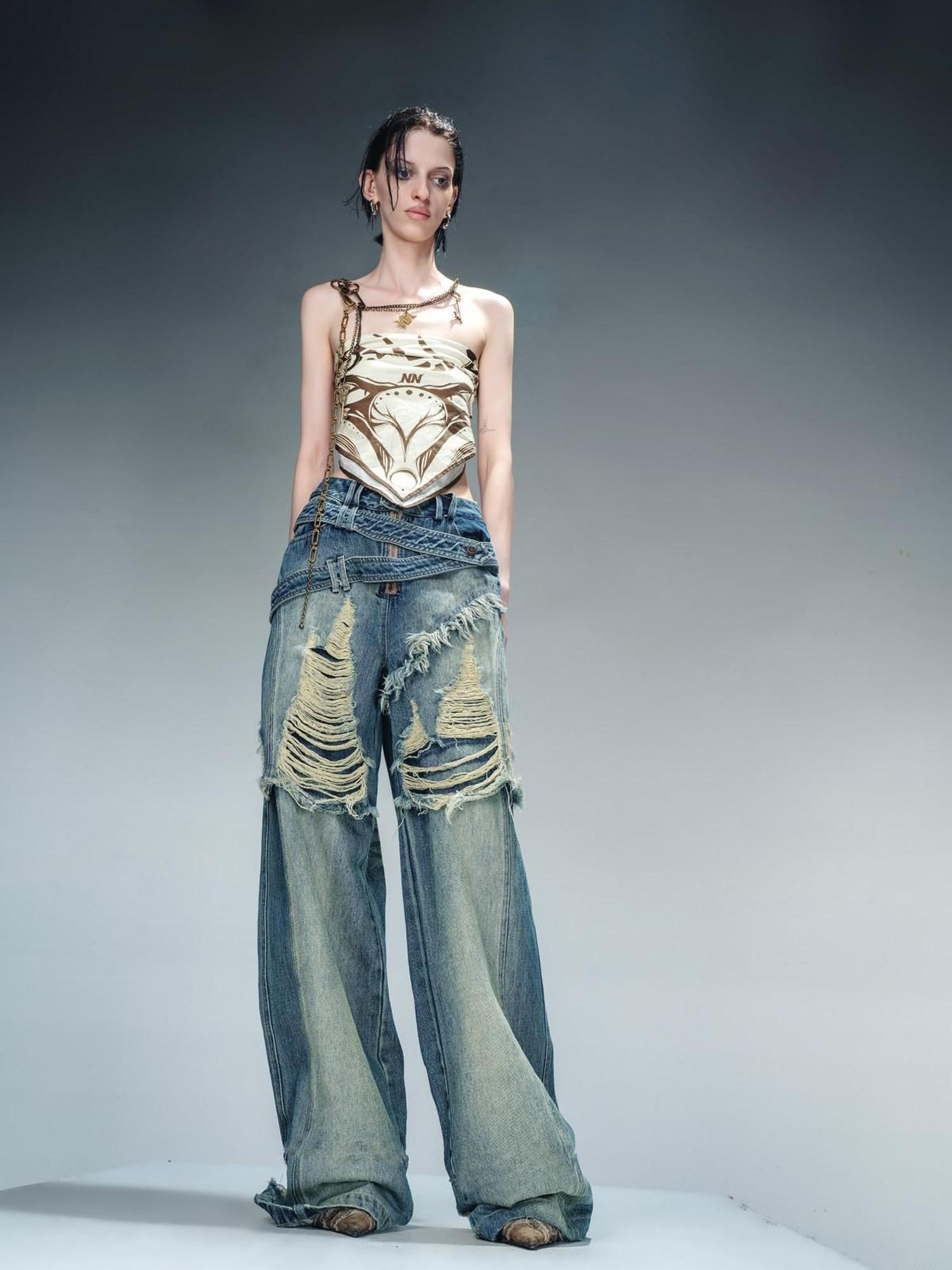 NORTH NODE Blue Brushed Distressed Relaxed Natural Waist Women&