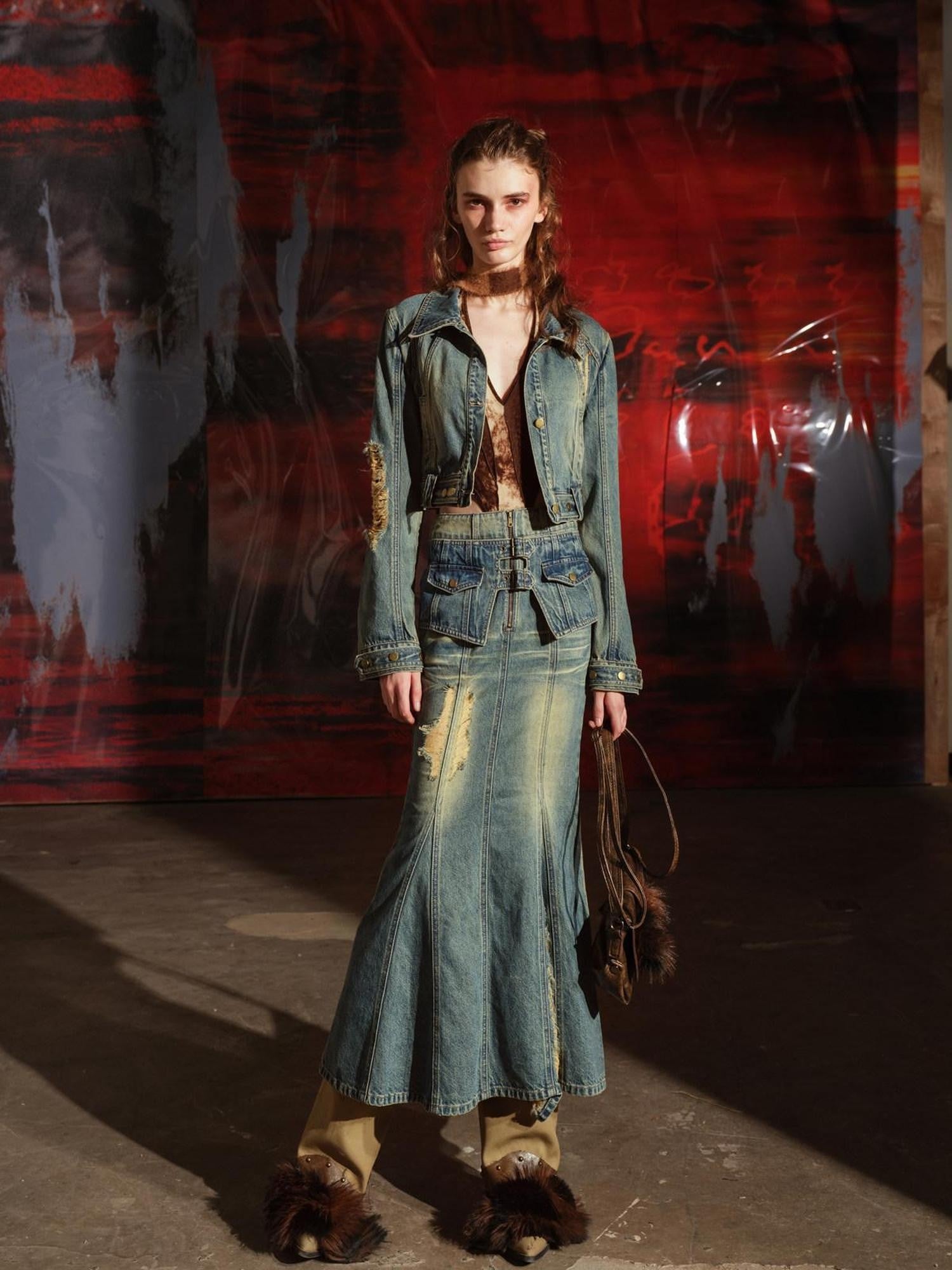 NORTH NODE Blue Denim Jacket And Skirt Women&