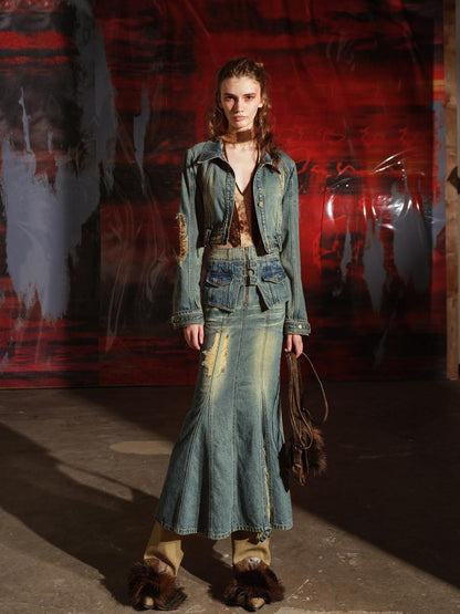 NORTH NODE Blue Denim Jacket And Skirt Women&