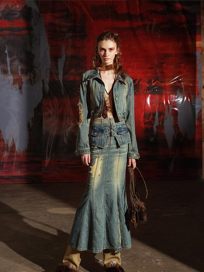 NORTH NODE Blue Denim Jacket And Skirt Women&