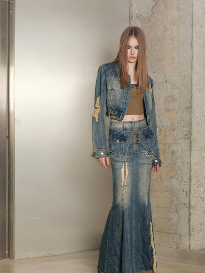 NORTH NODE Blue Denim Jacket And Skirt Women&